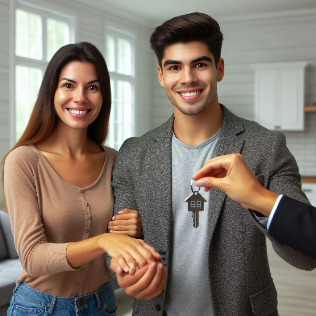 Ilustracion de una pareja recibiendo las llaves de su nuevo hogar. Imagen generada por IA.